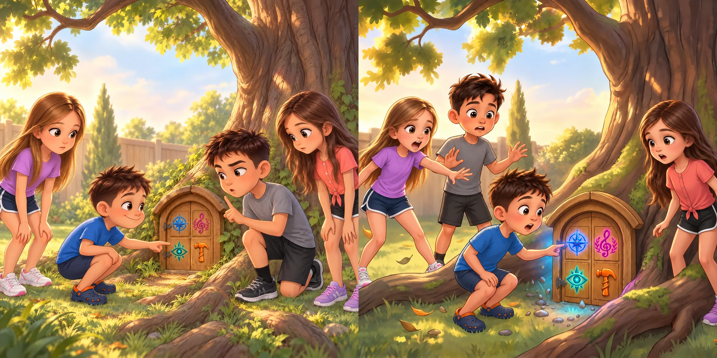 The four siblings discover a tiny door in a tree