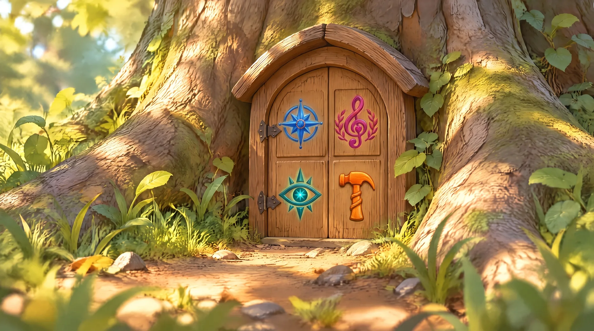 The marked door, closed, at the foot of a tree
